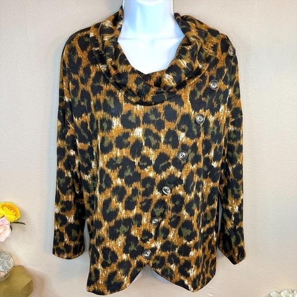 M NWT Notations Leopard Print Cowl Neck Sweater Long Sleeve Stretch Medium 8 10 - Picture 1 of 10